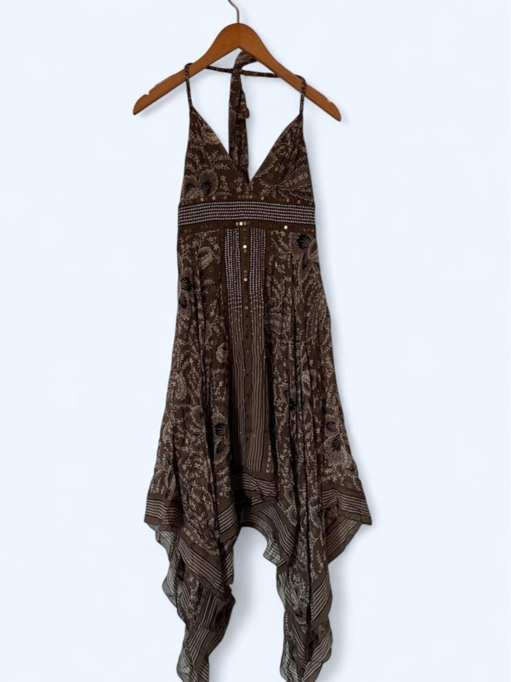 BCBGMaxAzria Brown Paisley Halter Asymmetrical Maxi Dress